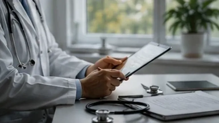 Clinician hands using a tablet in a modern clinic for secure healthcare digital services.