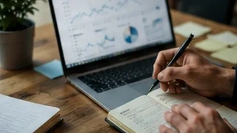 Hands organizing an SEO content strategy map beside a laptop.