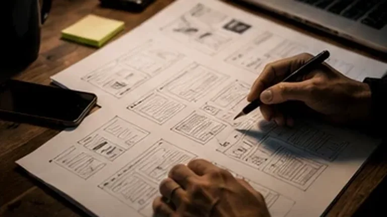 Hands planning responsive website wireframes beside a laptop in a premium workspace.